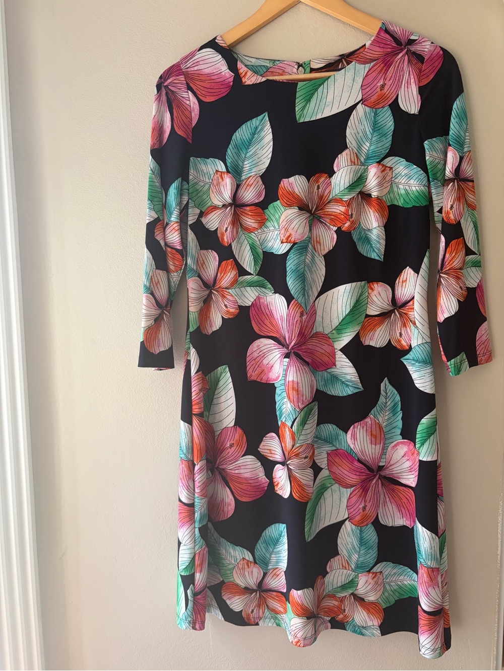 Tommy Hilfiger Black Tropical Floral 3/4 Sleeve Shift Dress Size 6 Hibiscus